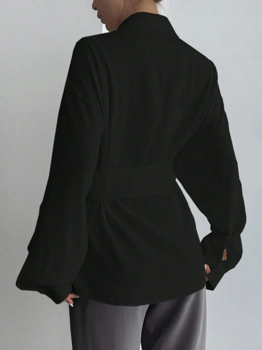 Black Elegant Women's Half-Placket Side Tie Pullover Casual Shirt - Picture 2 of 5